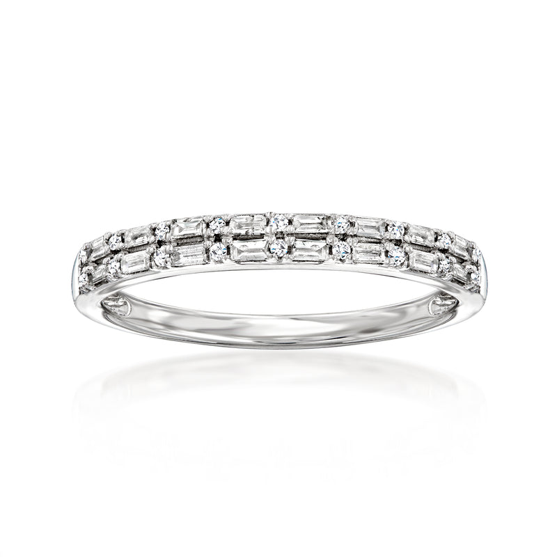 14kt white gold two-row diamond ring with baguette and round stones