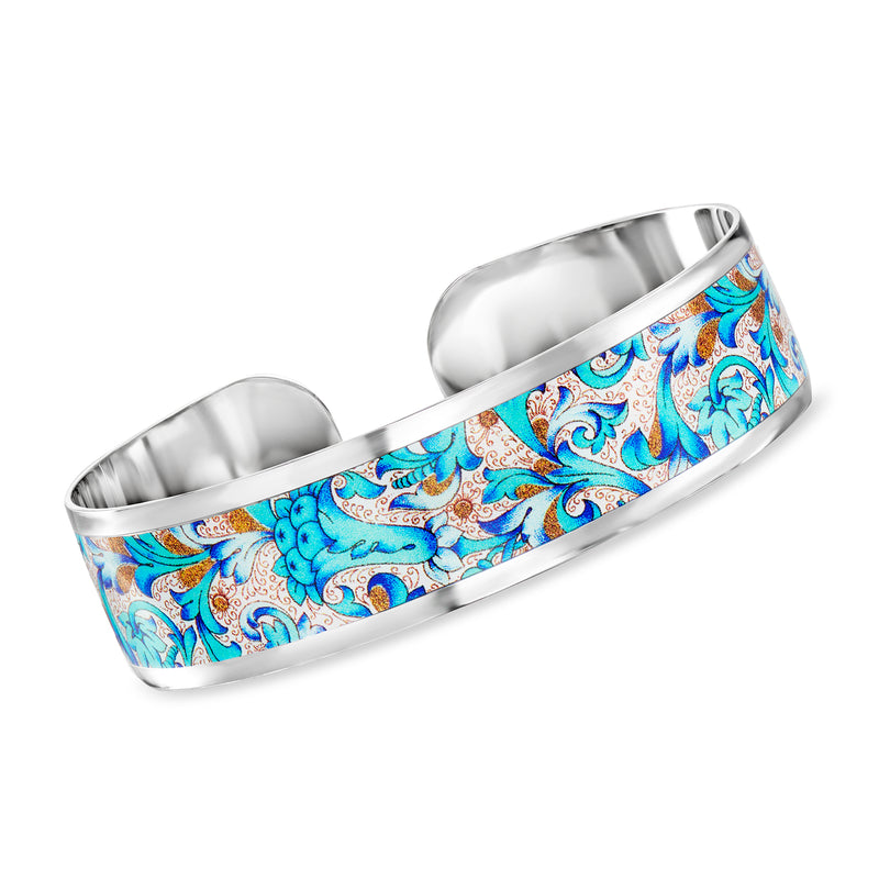 Sterling silver cuff bracelet with blue floral mosaic pattern