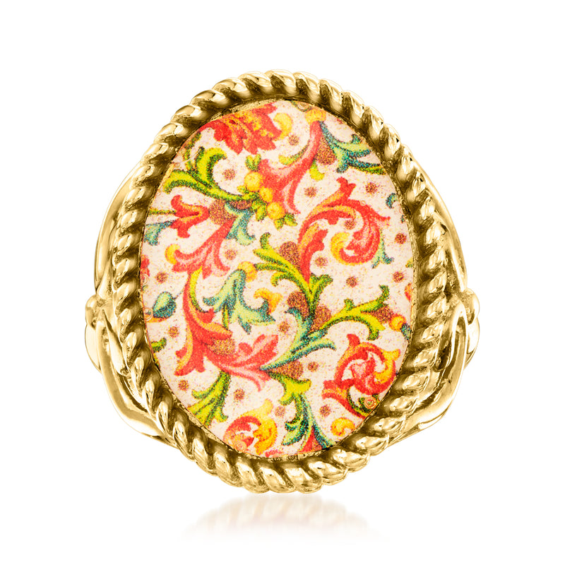 Gold over sterling ring with round Florentine paper insert in pink, green, and cream