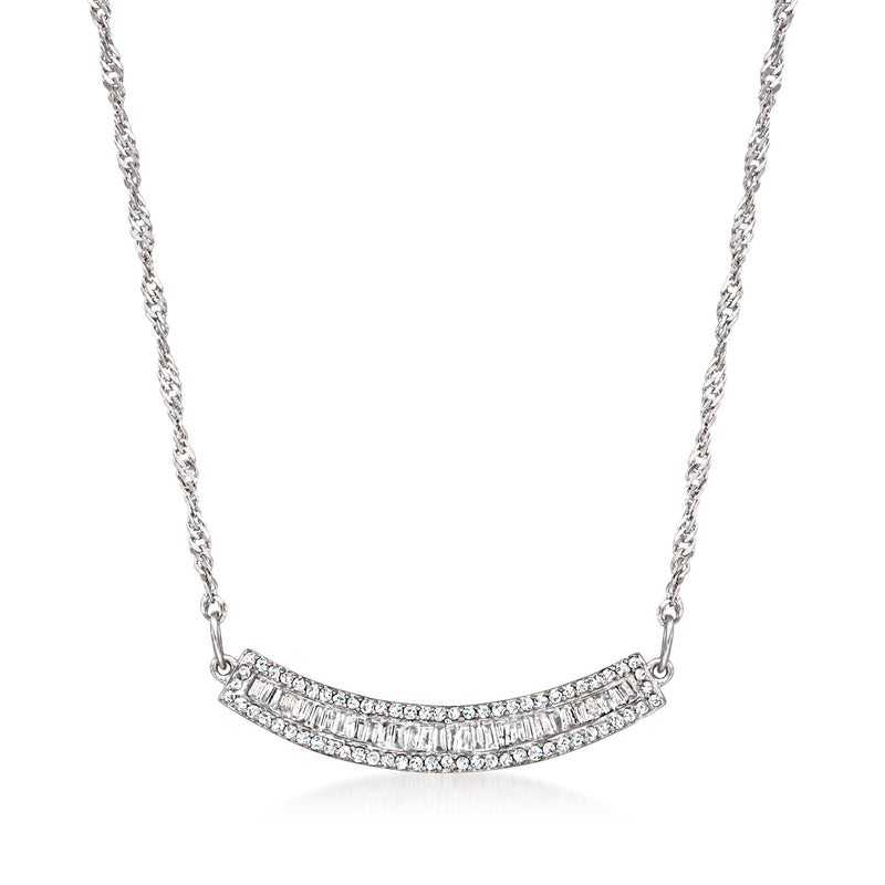 Sterling silver curved diamond bar necklace with baguette and round stones