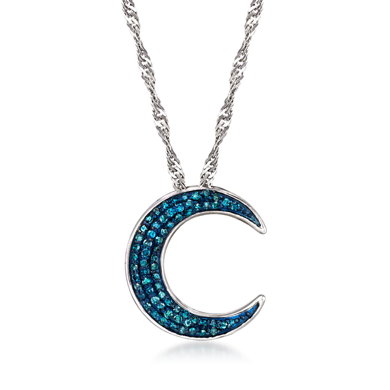 Sterling silver moon pendant necklace with blue diamond pave