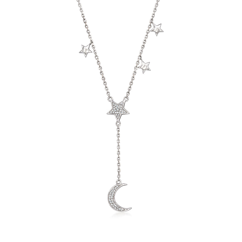 Sterling silver Y-necklace with moon pendant and star charms, .15 ct t.w. diamonds