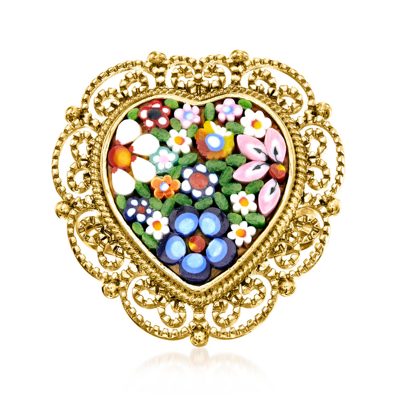 Heart-shaped mosaic ring with multicolored floral Murano-style glass and gold filigree frame
