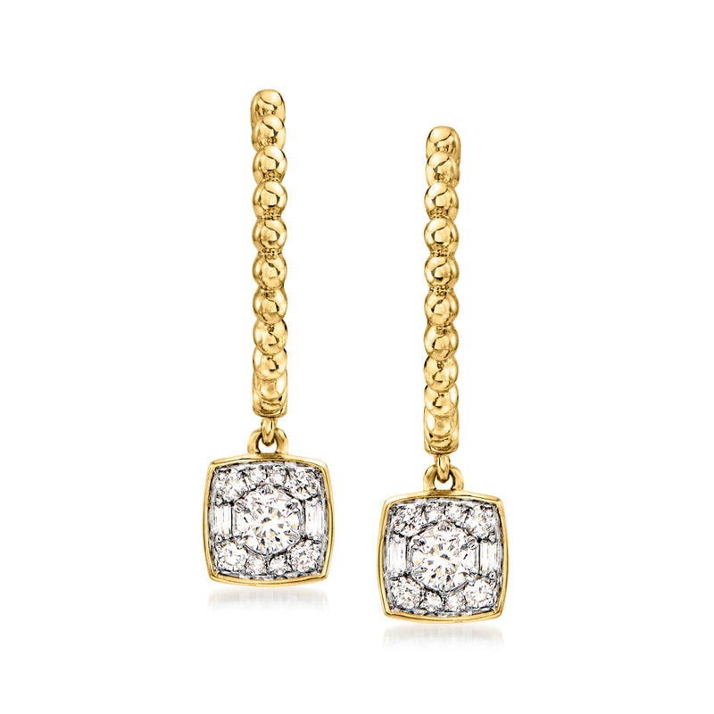 14kt yellow gold hoop drop earrings with beaded chain and square diamond-like cluster