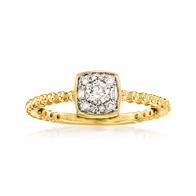 14k yellow gold diamond ring with square center stone and beaded edge