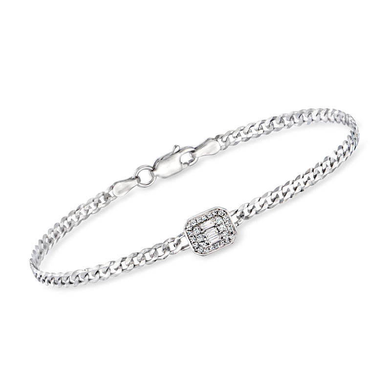 Sterling silver curb-link bracelet with square diamond cluster centerpiece and clasp