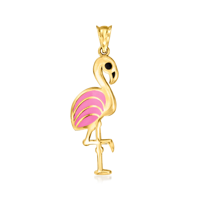 Yellow gold flamingo enamel pendant with pink and black details