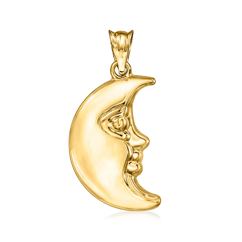 14kt yellow gold crescent Moon pendant with Man in the Moon relief, polished finish