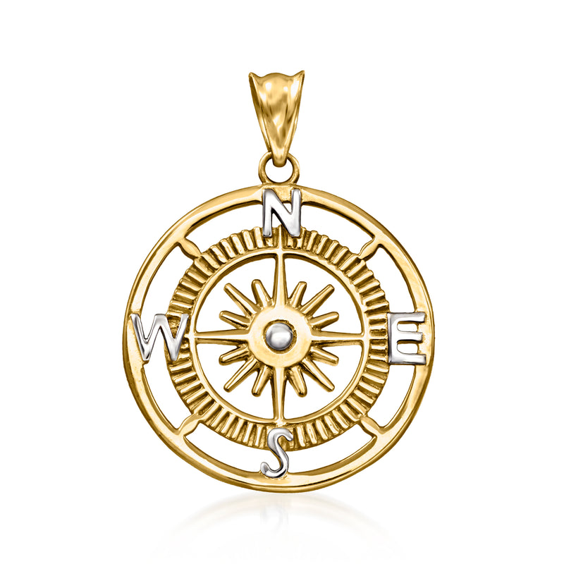 14kt yellow gold compass pendant with ornate circle and cardinal markers