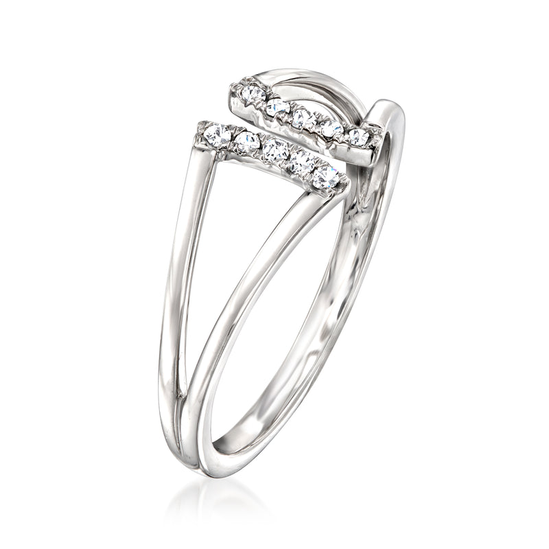 Sterling silver open-space diamond ring angled side view with bar-set stones