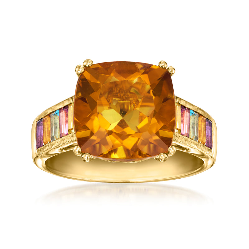 18kt gold over sterling oval citrine ring with multicolor side gemstones