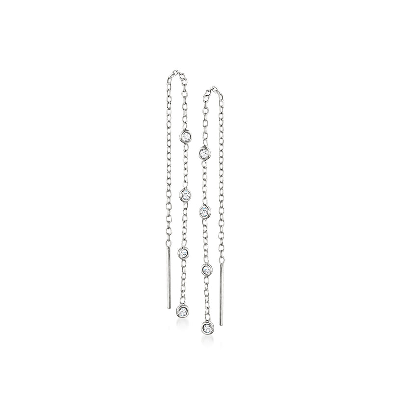 Sterling silver diamond station threader earrings with dangling chain and bezel stones