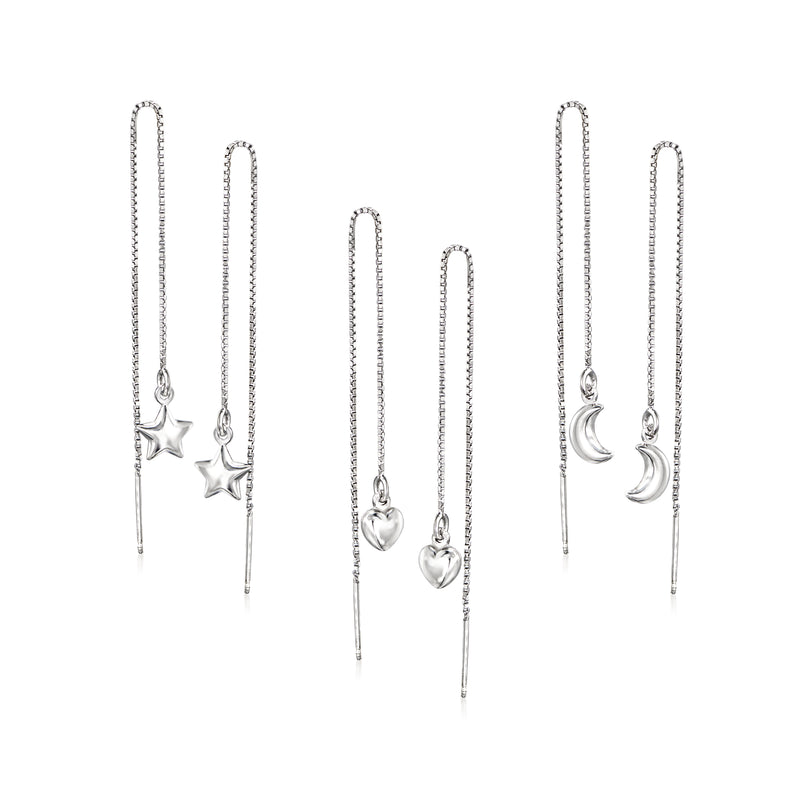 Italian sterling silver threader earrings set with star, heart, and moon charms
