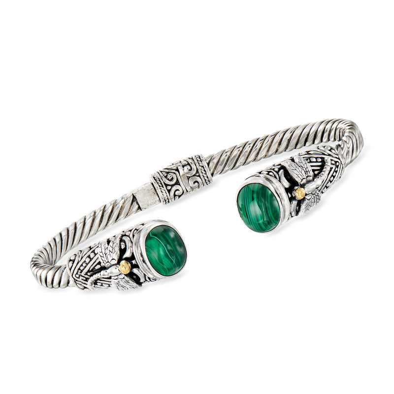 Sterling silver cuff bracelet with braided texture, green malachite oval, dragonfly motif
