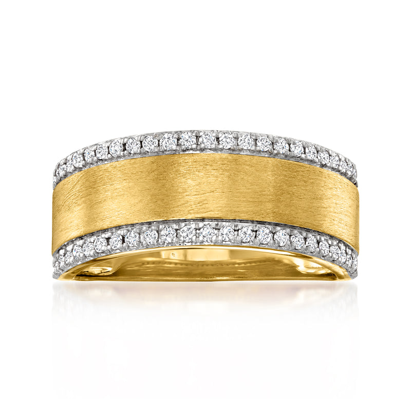 Diamond ring in 18kt gold over sterling with wide gold center and pavé diamond edges