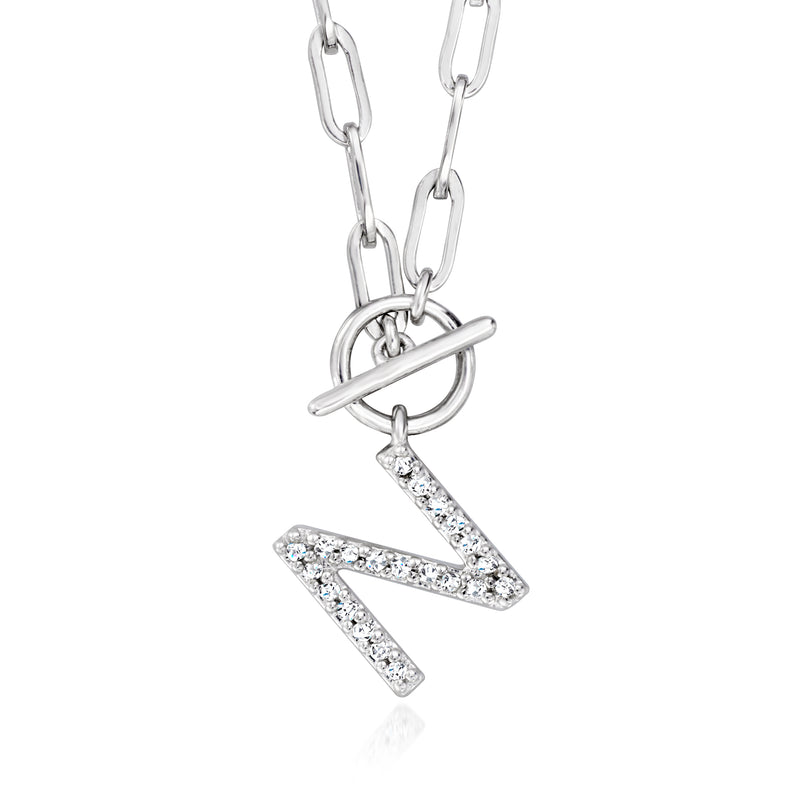 Sterling silver initial necklace with diamond-style V pendant on paperclip links