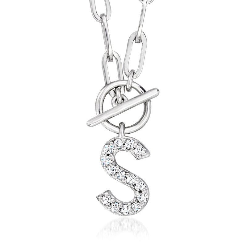 Sterling silver initial necklace with diamond-style S pendant and toggle clasp