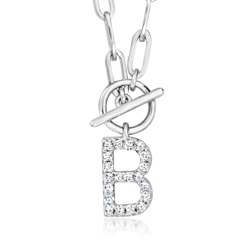Sterling silver initial necklace with diamond-style B pendant on paperclip links