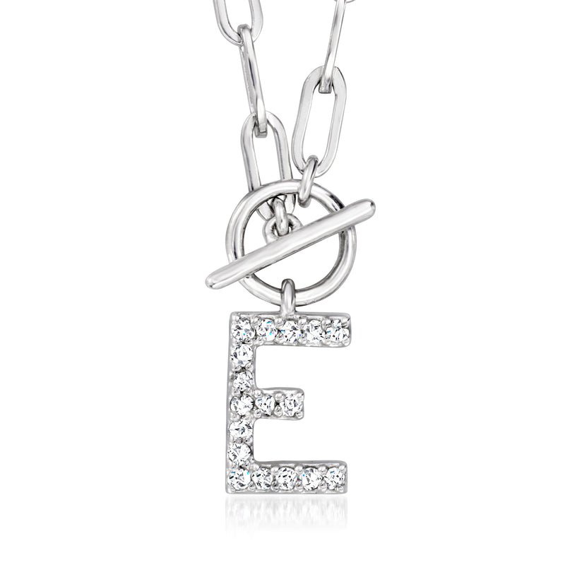 Sterling silver initial necklace with diamond-style E pendant on paperclip links