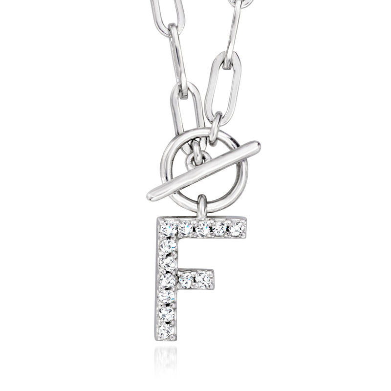 Sterling silver initial necklace with diamond-style F pendant on paperclip links
