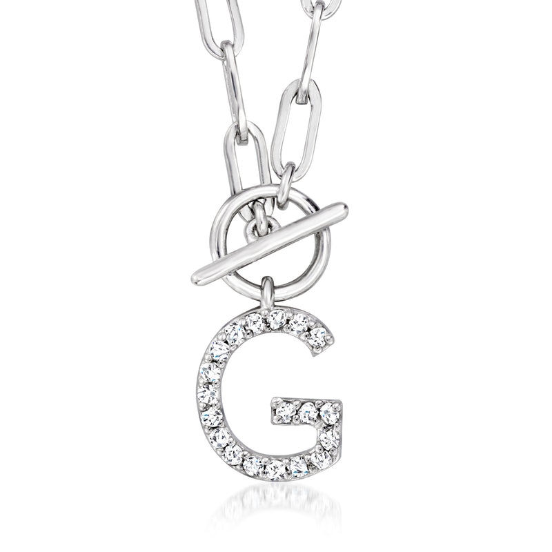 Sterling silver paper-clip link necklace with pave diamond initial pendant charm