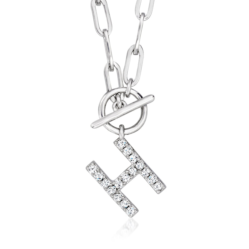 Sterling silver paper-clip link necklace with pave diamond initial letter pendant charm