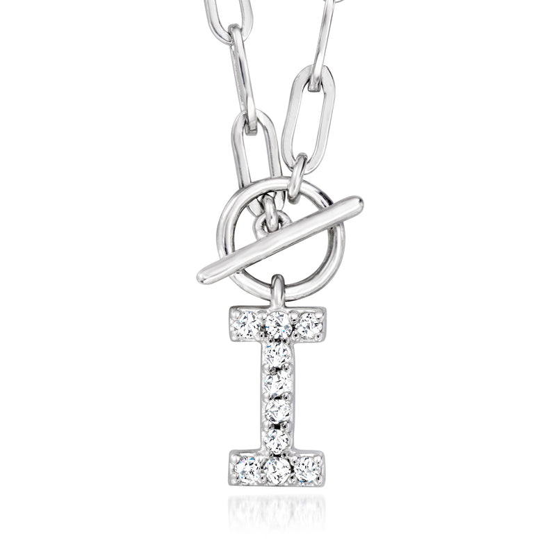 Sterling silver paper-clip link necklace with pave diamond initial letter pendant charm