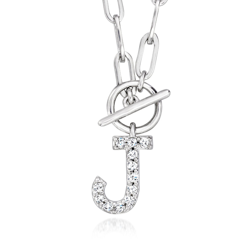 Sterling silver paper-clip link necklace with pave diamond initial letter pendant charm