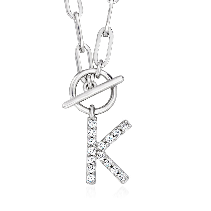 Sterling silver paper-clip link necklace with pave diamond initial letter pendant charm