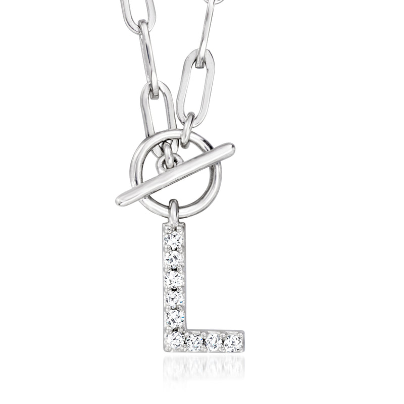 Sterling silver paper-clip link necklace with pave diamond initial letter pendant charm
