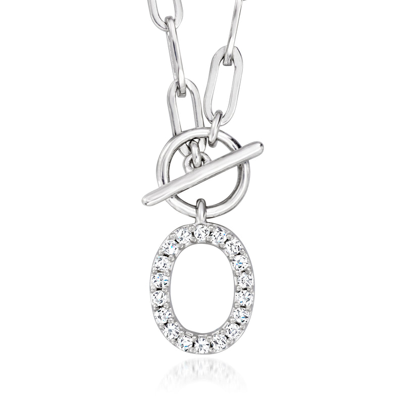 Sterling silver paper-clip link necklace with oval pave diamond initial pendant charm
