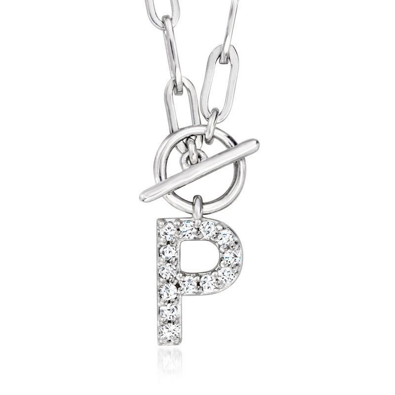 Sterling silver paper-clip link necklace with block pave diamond initial pendant charm