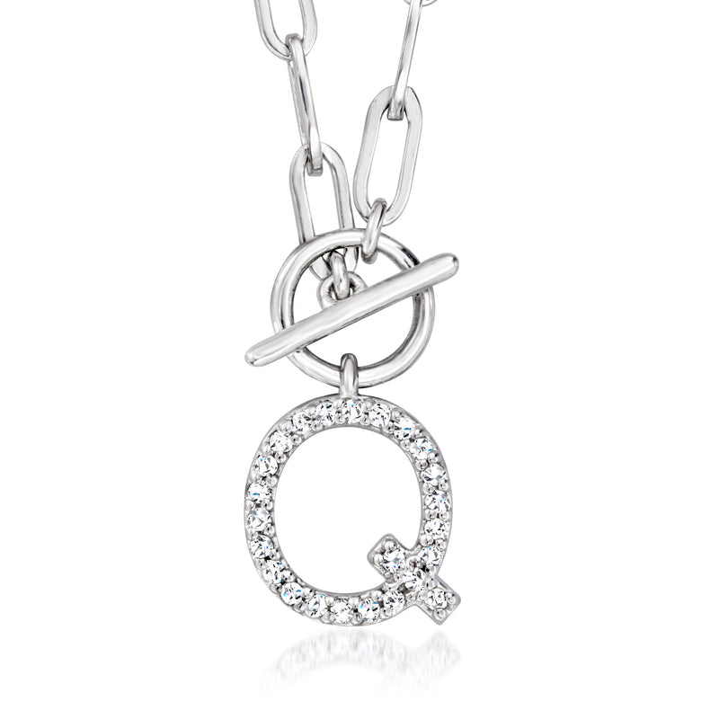 Sterling silver paper-clip link necklace with circular pave diamond initial pendant charm
