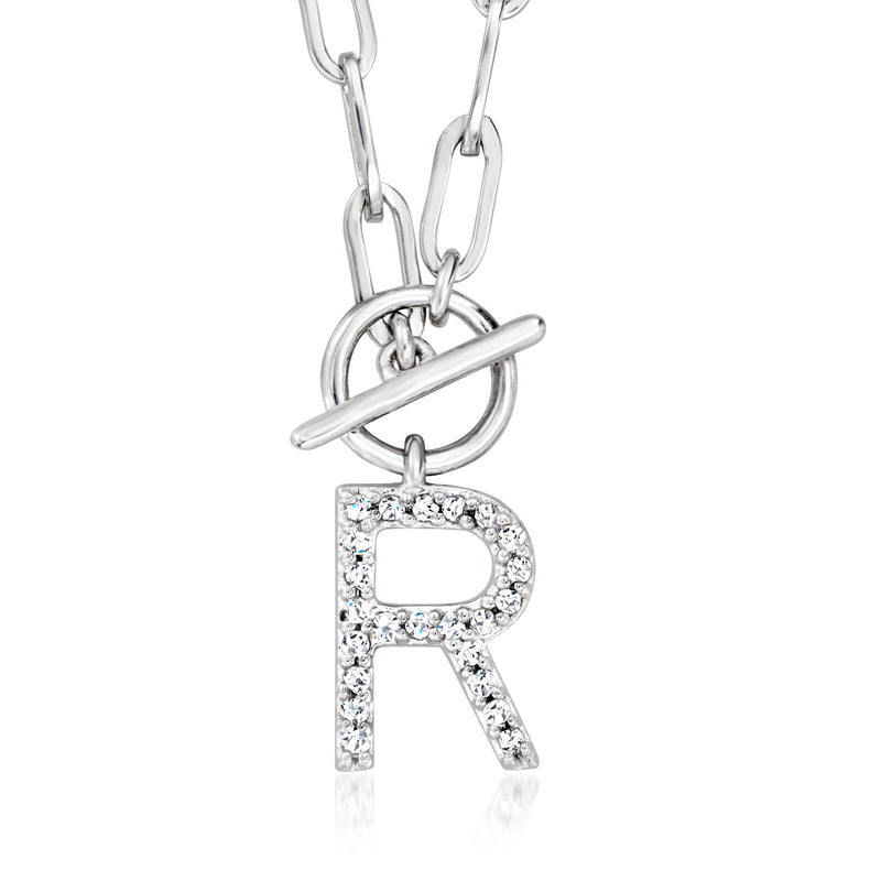 Sterling silver paper-clip link necklace with pave diamond initial letter pendant charm