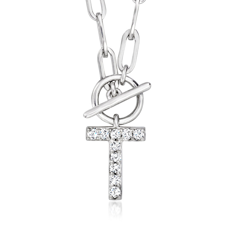 Sterling silver paper clip link toggle necklace with diamond-cut T initial pendant