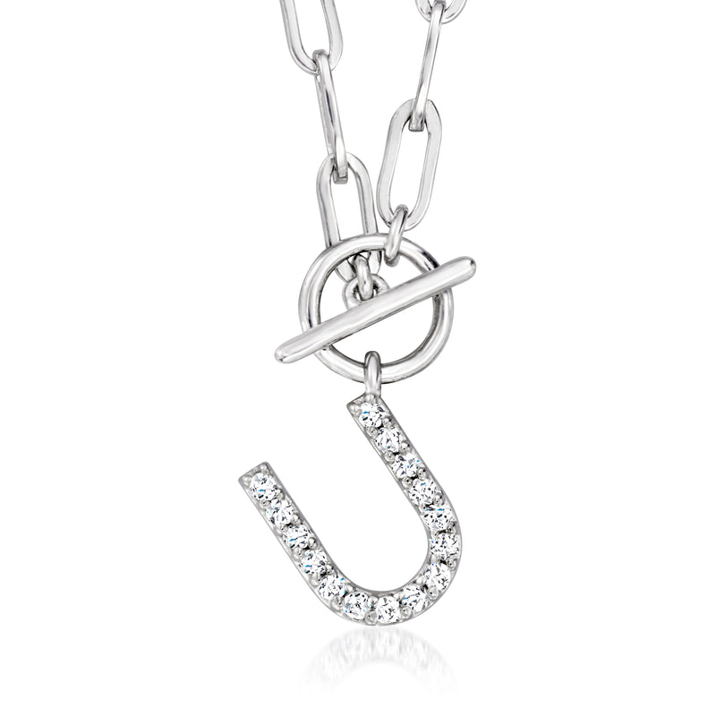 Sterling silver paper clip link toggle necklace with diamond-cut U initial pendant