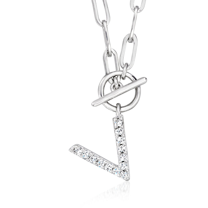 Sterling silver paper clip link toggle necklace with diamond-cut V initial pendant