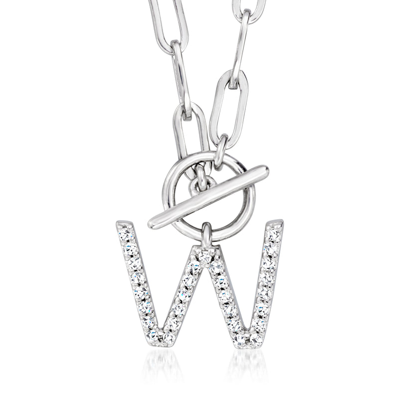 Sterling silver paper clip link toggle necklace with diamond-cut W initial pendant