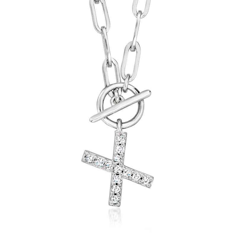Sterling silver paper clip link toggle necklace with diamond-cut X initial pendant