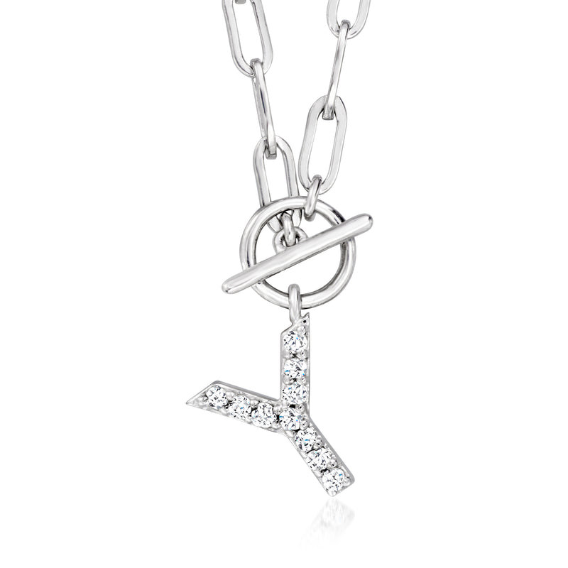 Sterling silver paper clip link toggle necklace with diamond-cut Y initial pendant