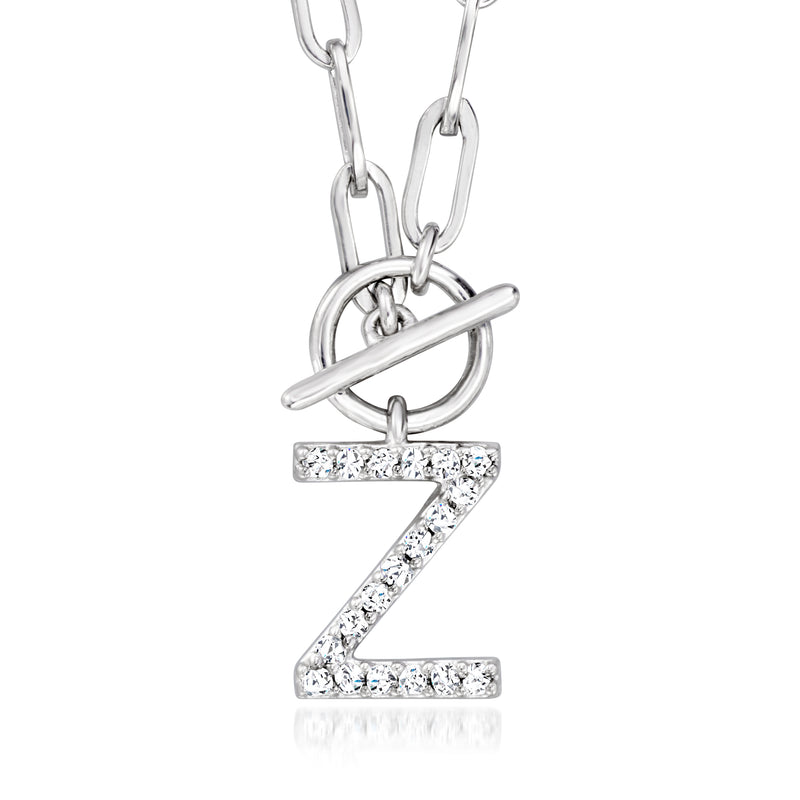 Sterling silver paper clip link toggle necklace with diamond-cut Z initial pendant