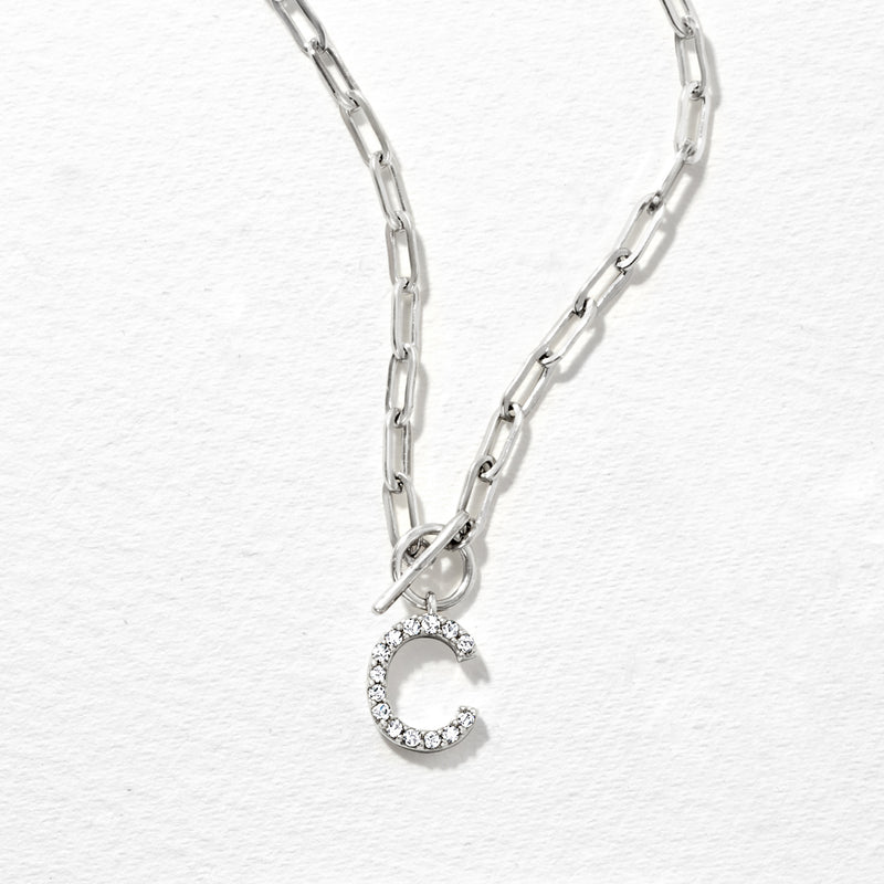 Sterling silver diamond initial pendant necklace on paper-clip link chain with toggle clasp