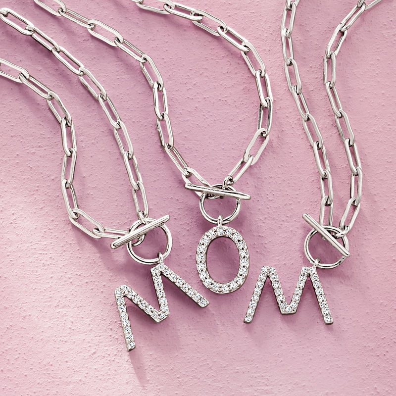 Sterling silver diamond initial charm necklace set with paper-clip link toggle necklaces