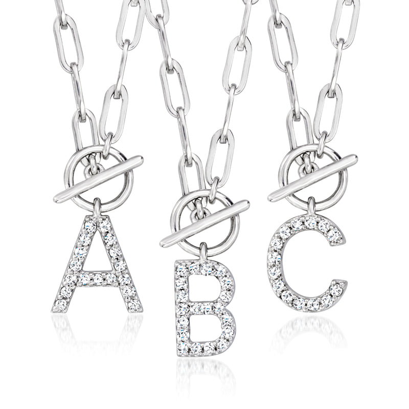 Sterling silver initial necklace with diamond-style A, B, C pendants on paperclip chain