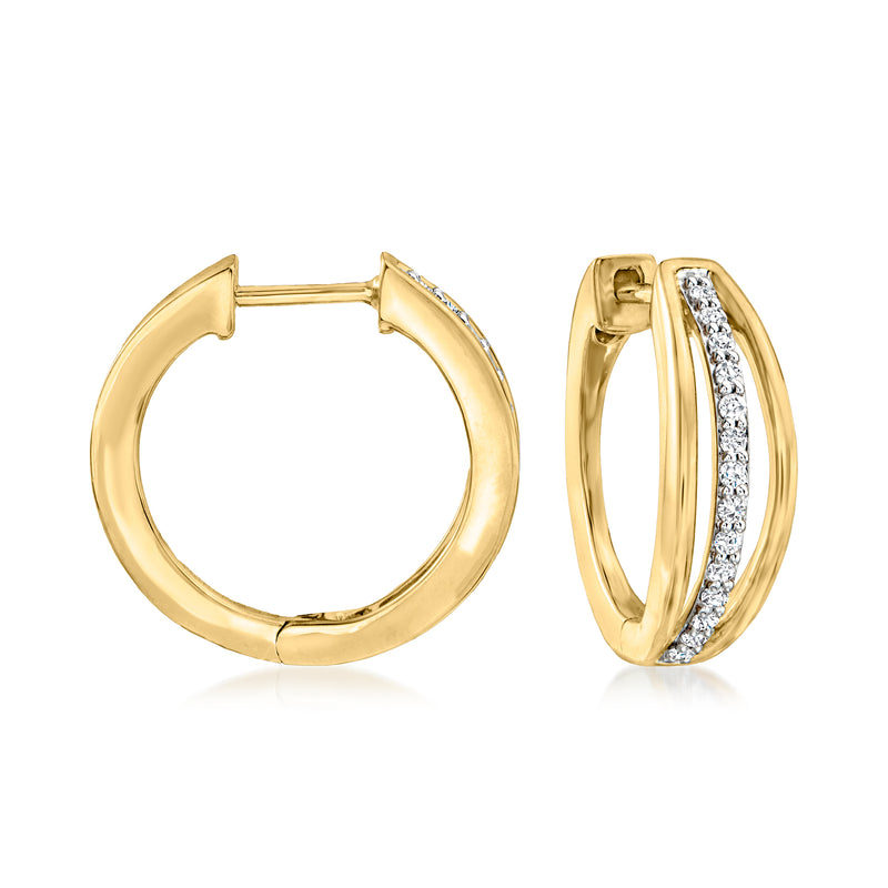 Gold three-row diamond hoop earrings, polished oval hoops with sparkling stone inlays