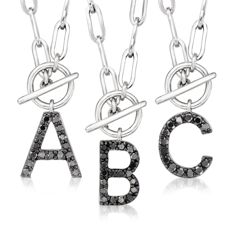 Sterling silver initial toggle necklace with A, B, C pendants in black pave stones