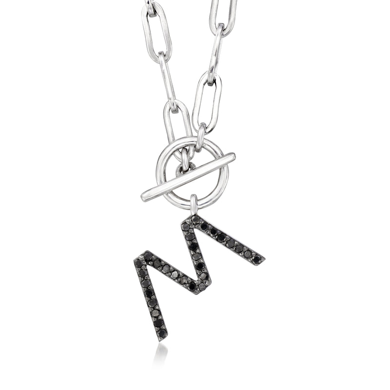 Sterling silver initial toggle necklace with N pendant and black pave stones