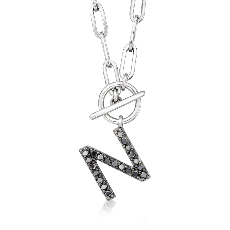Sterling silver initial toggle necklace with N pendant in black pave stones