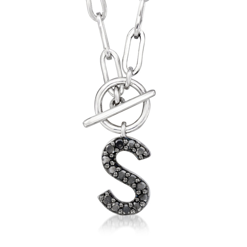 Sterling silver initial toggle necklace with S pendant in black pave stones