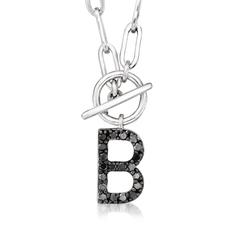 Sterling silver initial toggle necklace with B pendant in black pave stones